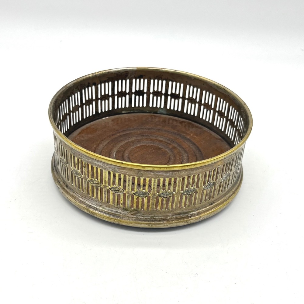 Vintage Brass Tone Pierced Wine Bottle Coaster Wood Base 5.5 Inch Ornate Barware
